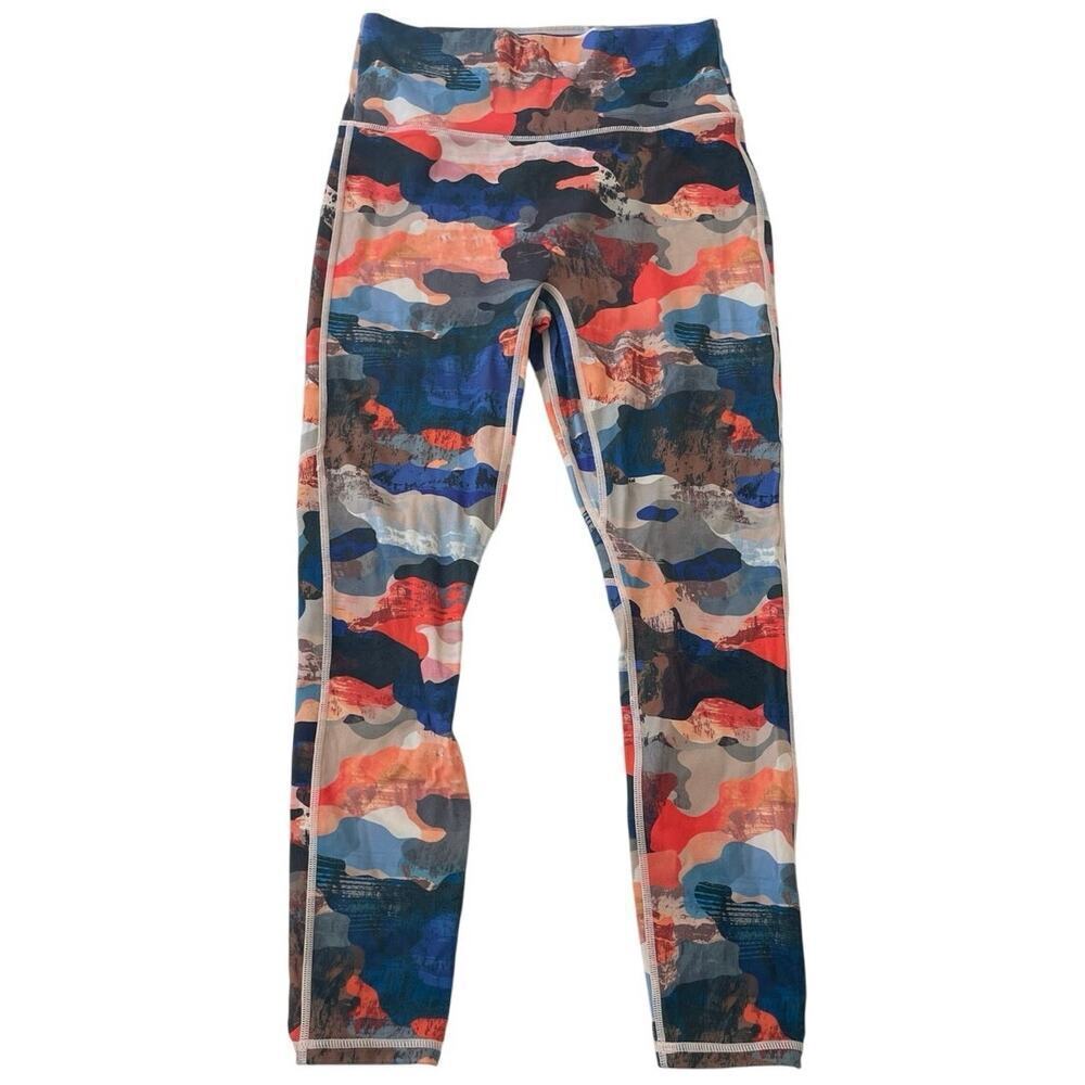 FABLETICS HIGH WAISTED LEGGINGS SZ SMALL ROYAL BLUE ORANGE CAMO PHONE POCKET - Picture 5 of 16